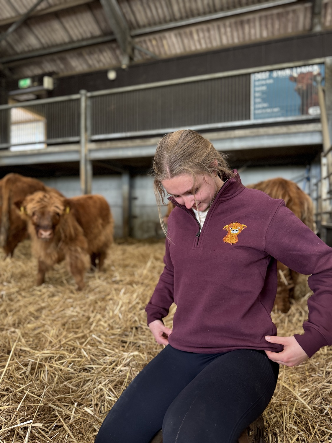 Embroidered Cute Highland Cow 1/4 Zip Sweatshirt